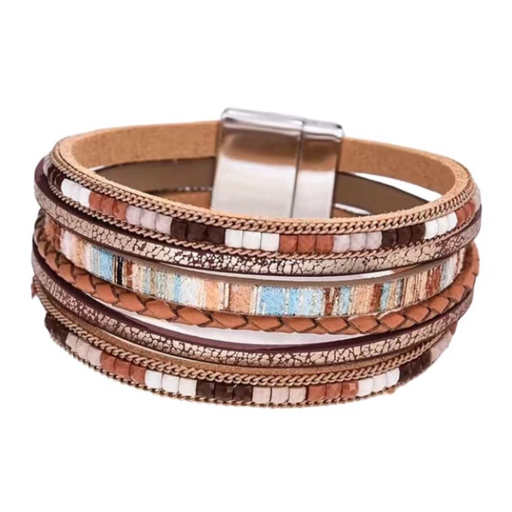 Brown Leather Multi Layer Shimmer Magnetic Bracelet - Picture 3 of 3